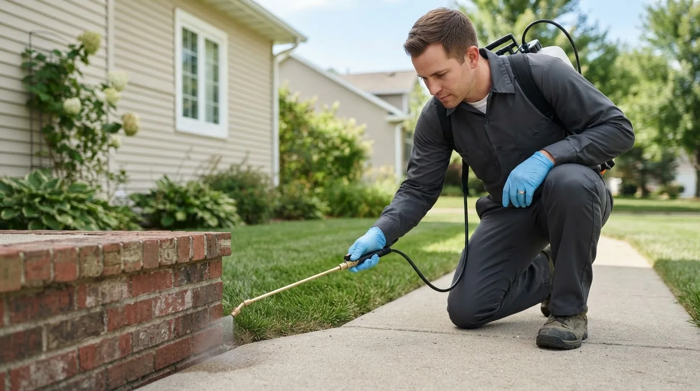 Pest control technician treating a home near Walkersville, MD
